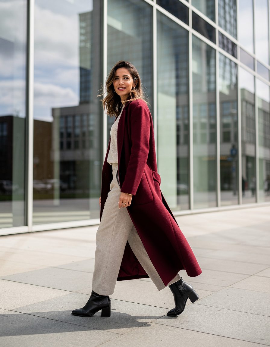 Photorealistic full-body editorial street-style photograph of one adult woman near a minimalist glass office facade, wearing a burgundy long coat over a monochrome knit set with ankle boots, poised candid turn toward the camera, strong geometric reflections, balanced midday light, sharp clothing detail, realistic anatomy, no readable text, no logo, no watermark.