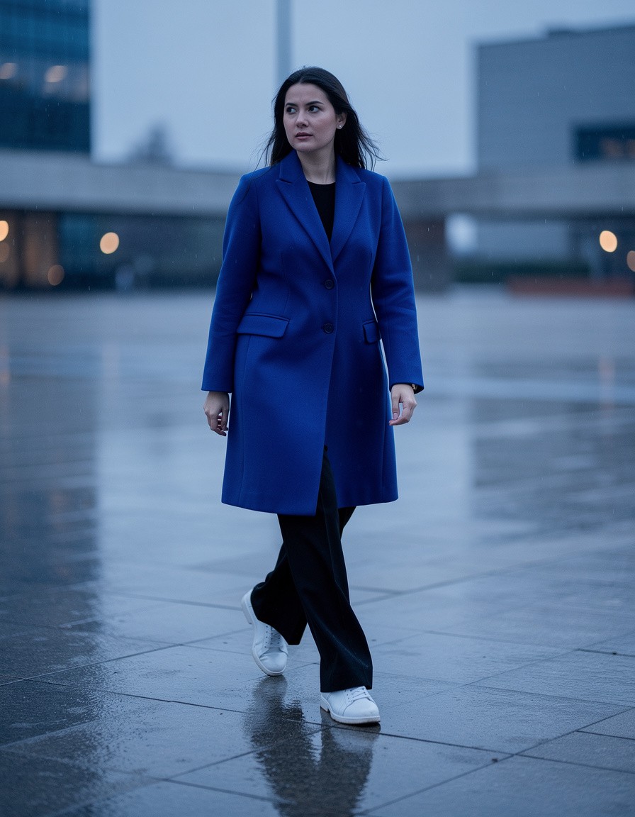 Photorealistic full-body editorial street-style photograph of one adult woman walking through a rain-washed city plaza, wearing a plain cobalt single-breasted wool coat with smooth continuous sleeves and simple unmarked buttons, black wide-leg trousers, and plain white leather sneakers, natural mid-step pose, both hands fully visible and separated, subtle pavement reflections, cool blue-hour light, clean uncluttered background, realistic anatomy. Keep all coat panels, sleeve cuffs, shoes, and background surfaces completely blank. Include no letters, words, numbers, symbols, patches, labels, graphics, tags, emblems, brand marks, logos, or watermarks.
