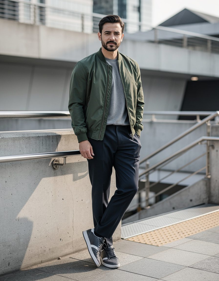 Photorealistic full-body editorial street-style photograph of one adult man beside a concrete transit entrance, wearing a forest-green bomber jacket, dark tapered trousers, a simple gray shirt, and monochrome trainers, composed off-center pose, crisp morning light, modern architectural lines, realistic anatomy and clothing folds, no readable text, no logo, no watermark.