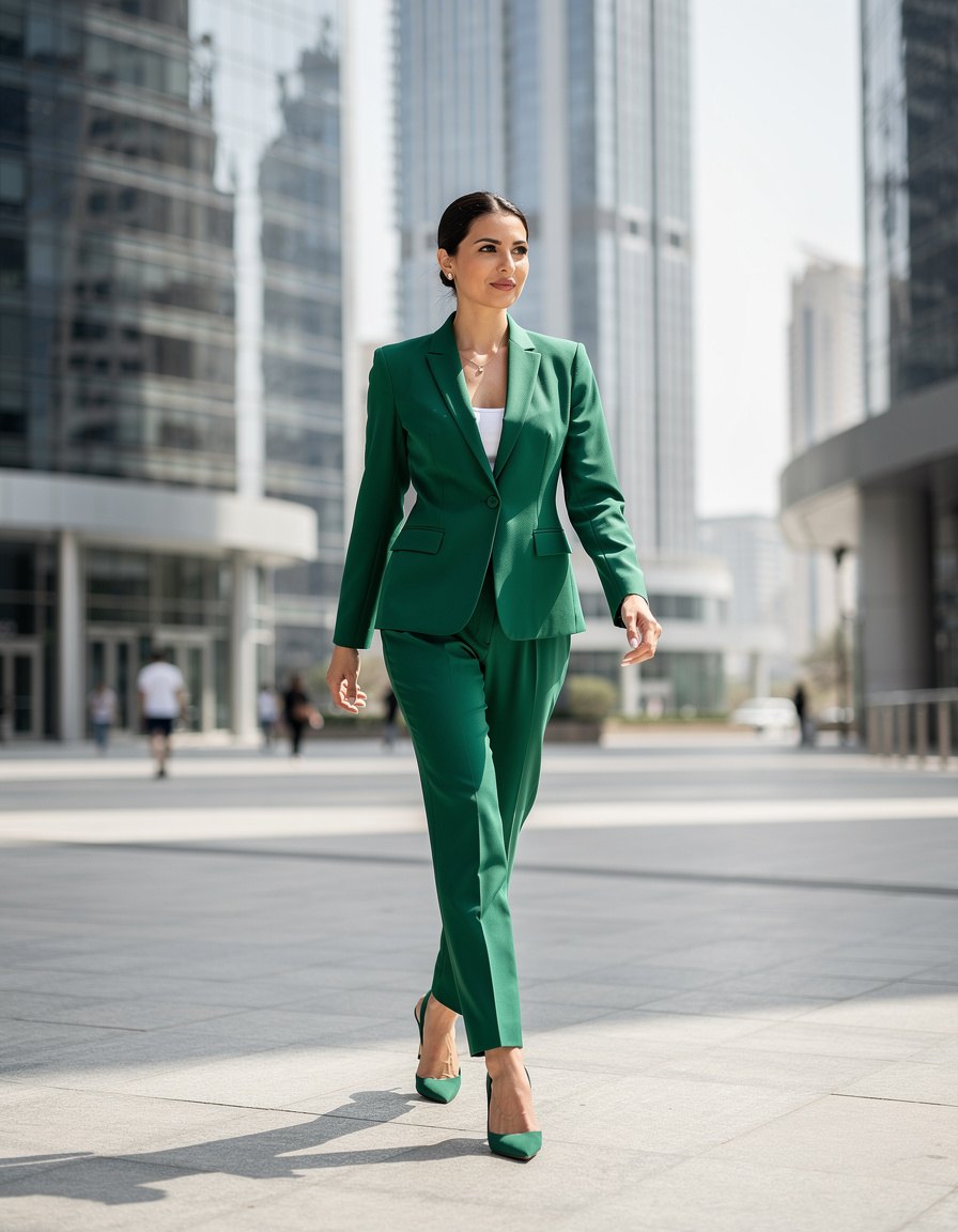 Photorealistic full-body editorial fashion photograph of one adult woman in a structured emerald pantsuit walking through a polished contemporary business district in Dubai, confident natural mid-step pose, balanced midday light, clean geometric background, realistic anatomy and clothing folds, no readable text, no logo, no watermark.