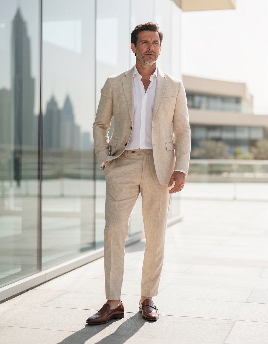 Photorealistic full-body editorial fashion photograph of one adult man in a tailored sand linen suit and open-collar white shirt beside a minimalist glass facade in Dubai, elegant relaxed pose, bright morning light, modern architecture, realistic anatomy and fabric detail, no readable text, no logo, no watermark.