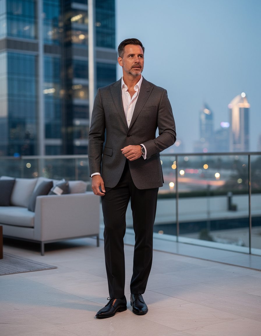 Photorealistic full-body editorial fashion photograph of one adult man in a charcoal evening jacket, black tailored trousers, and plain leather shoes at a refined open-air hotel terrace in Dubai, blue-hour city light, composed standing pose, uncluttered background, realistic anatomy, no readable text, no logo, no watermark.