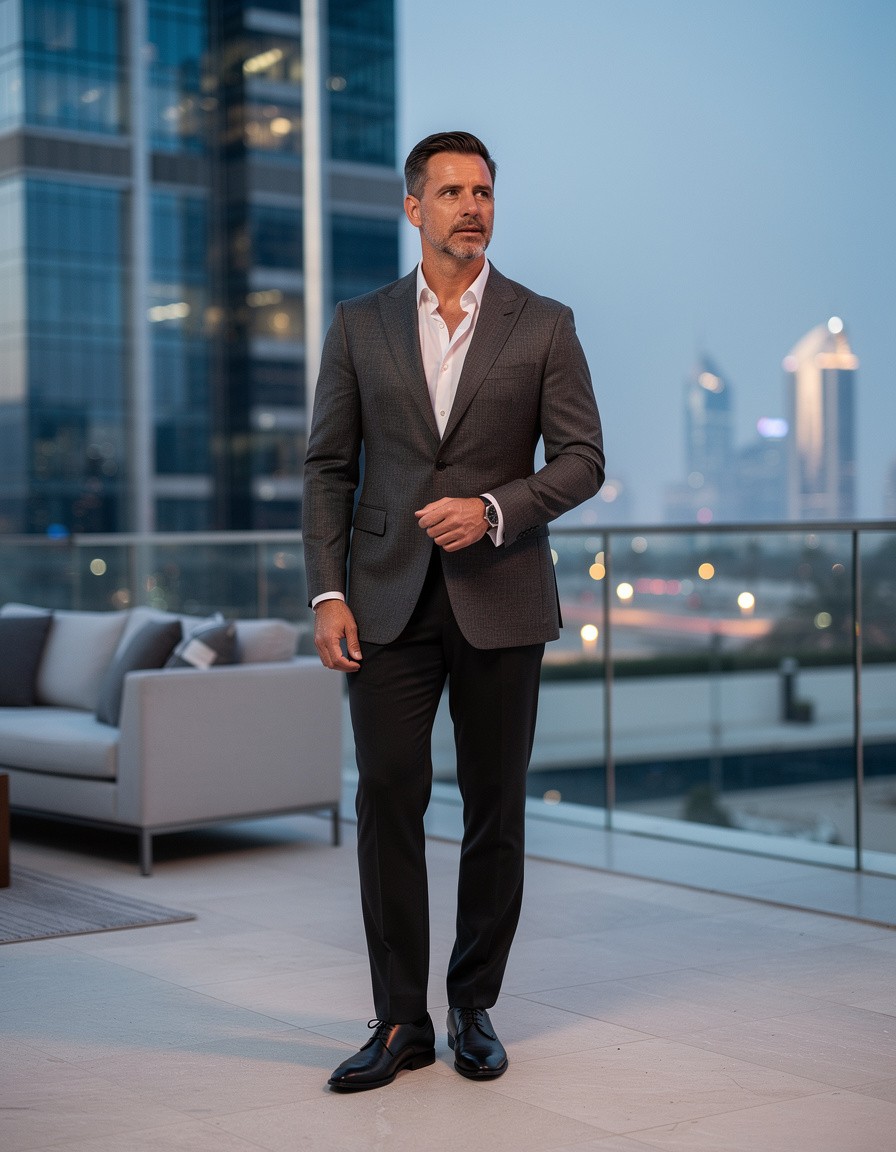 Photorealistic full-body editorial fashion photograph of one adult man in a charcoal evening jacket, black tailored trousers, and plain leather shoes at a refined open-air hotel terrace in Dubai, blue-hour city light, composed standing pose, uncluttered background, realistic anatomy, no readable text, no logo, no watermark.