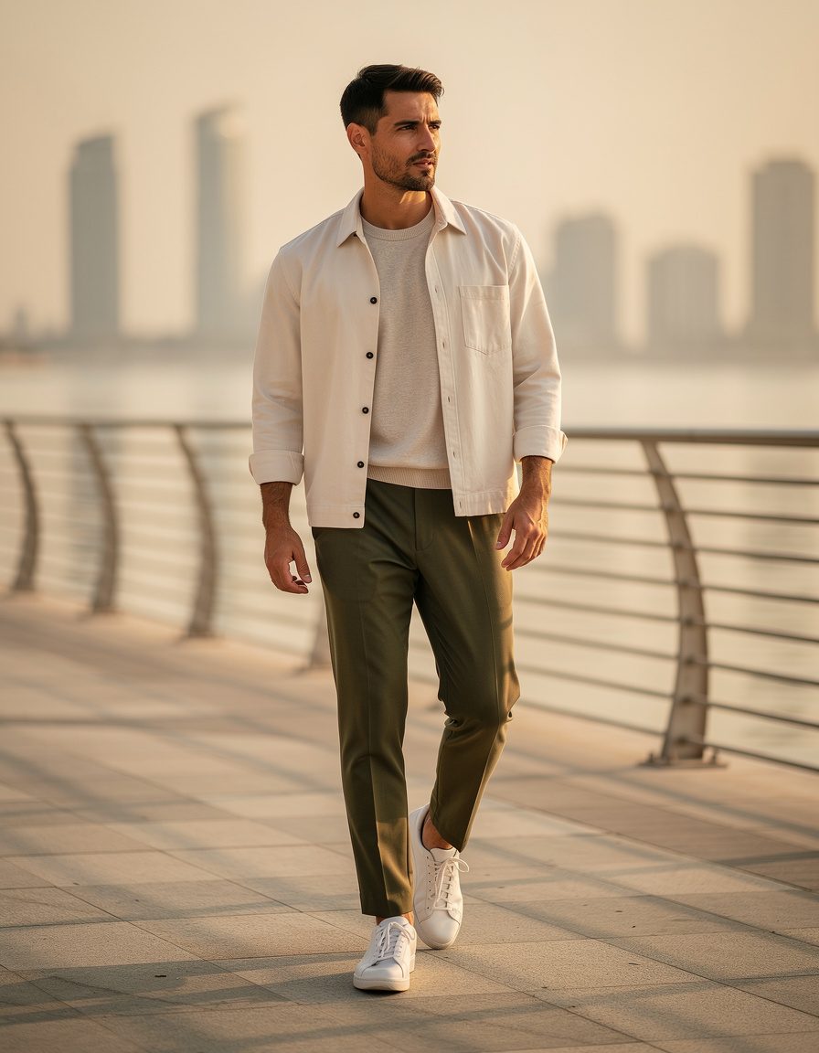 Photorealistic full-body editorial fashion photograph of one adult man in a cream overshirt, fine knit shirt, and olive tailored trousers on a quiet modern waterfront promenade in Dubai, soft sunrise light, relaxed candid pose, subtle skyline kept out of focus, realistic anatomy, no readable text, no logo, no watermark.