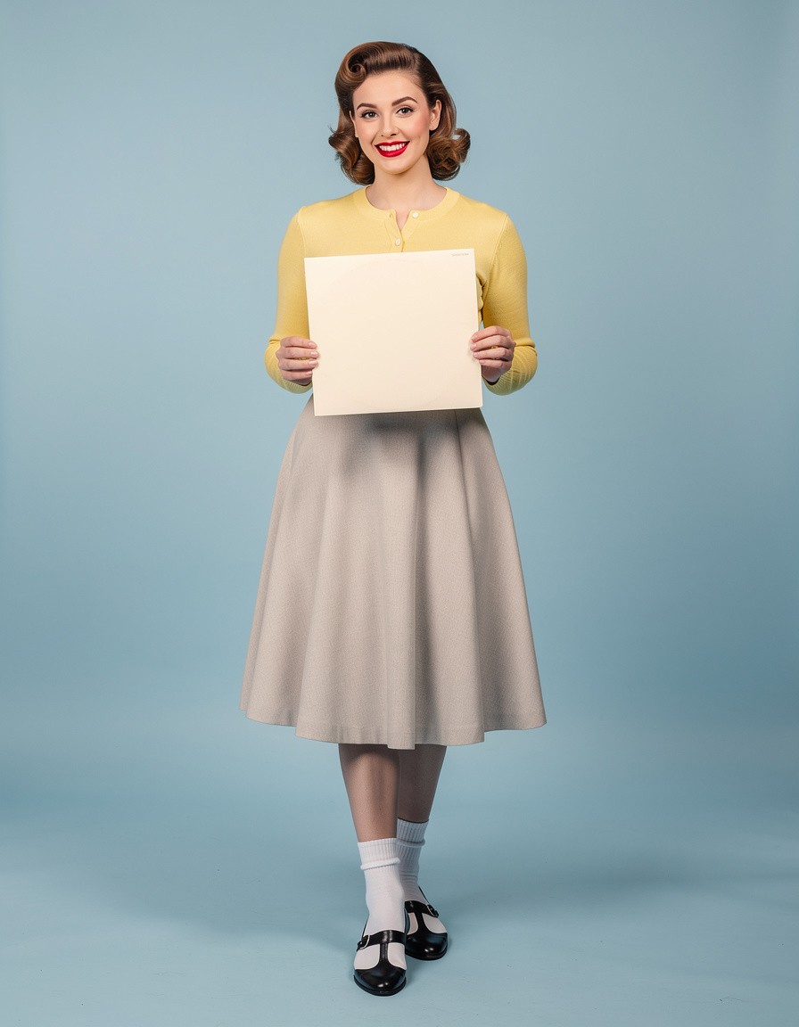 Full-length editorial studio photograph of one adult woman in a yellow cardigan, high-waisted circle skirt, white ankle socks, and saddle shoes, holding a solid cream vinyl record sleeve with a completely blank surface, seamless pastel blue backdrop, bright soft lighting, authentic 1950s fashion, realistic hands and proportions, no shelves, posters, printed objects, marks, text, or logos.