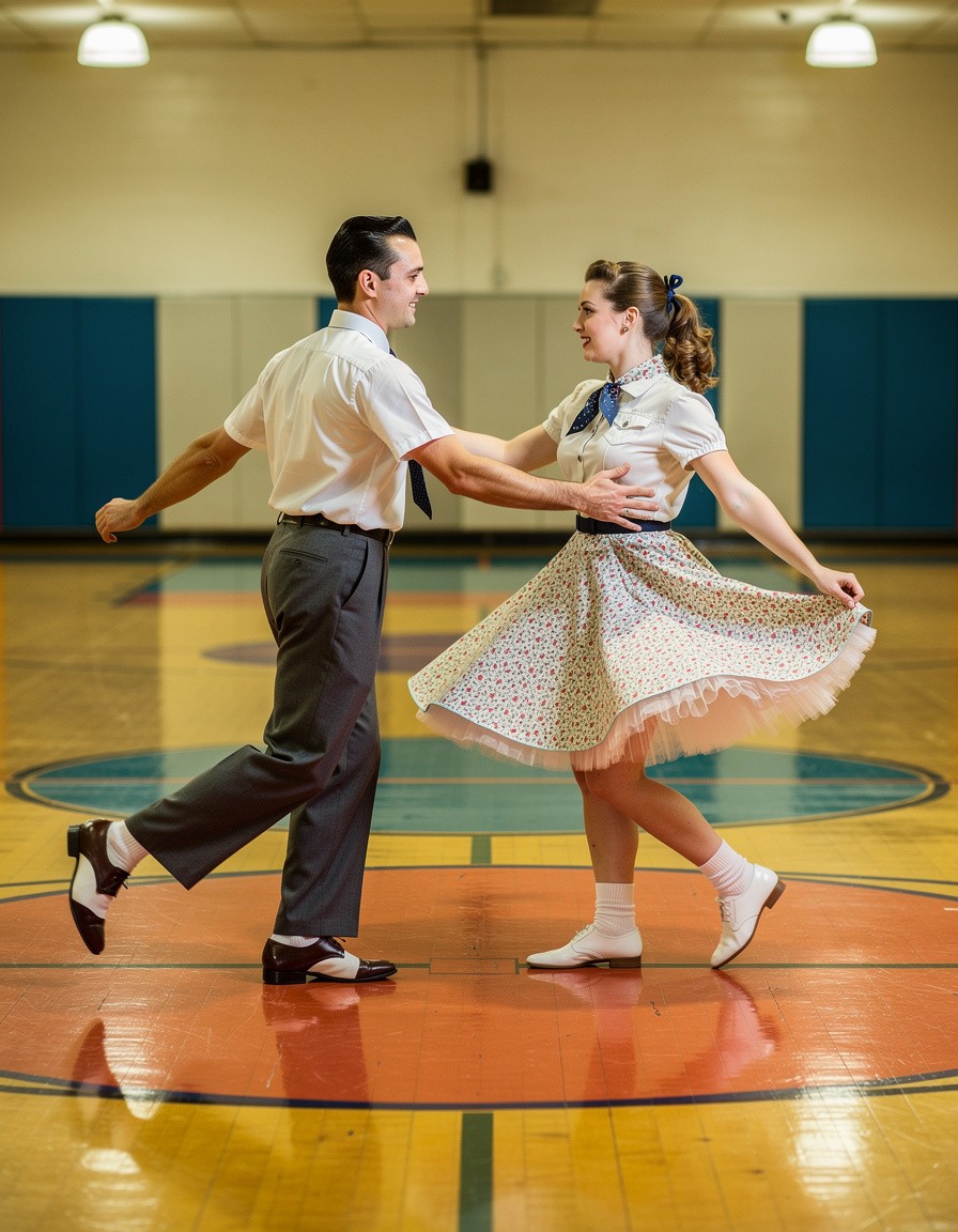 Full-length editorial photograph of one adult couple performing a lively 1950s sock-hop dance step, coordinated period outfits, colorful gymnasium dance floor, clean background, crisp flash photography, realistic anatomy and hands, no text or logos.