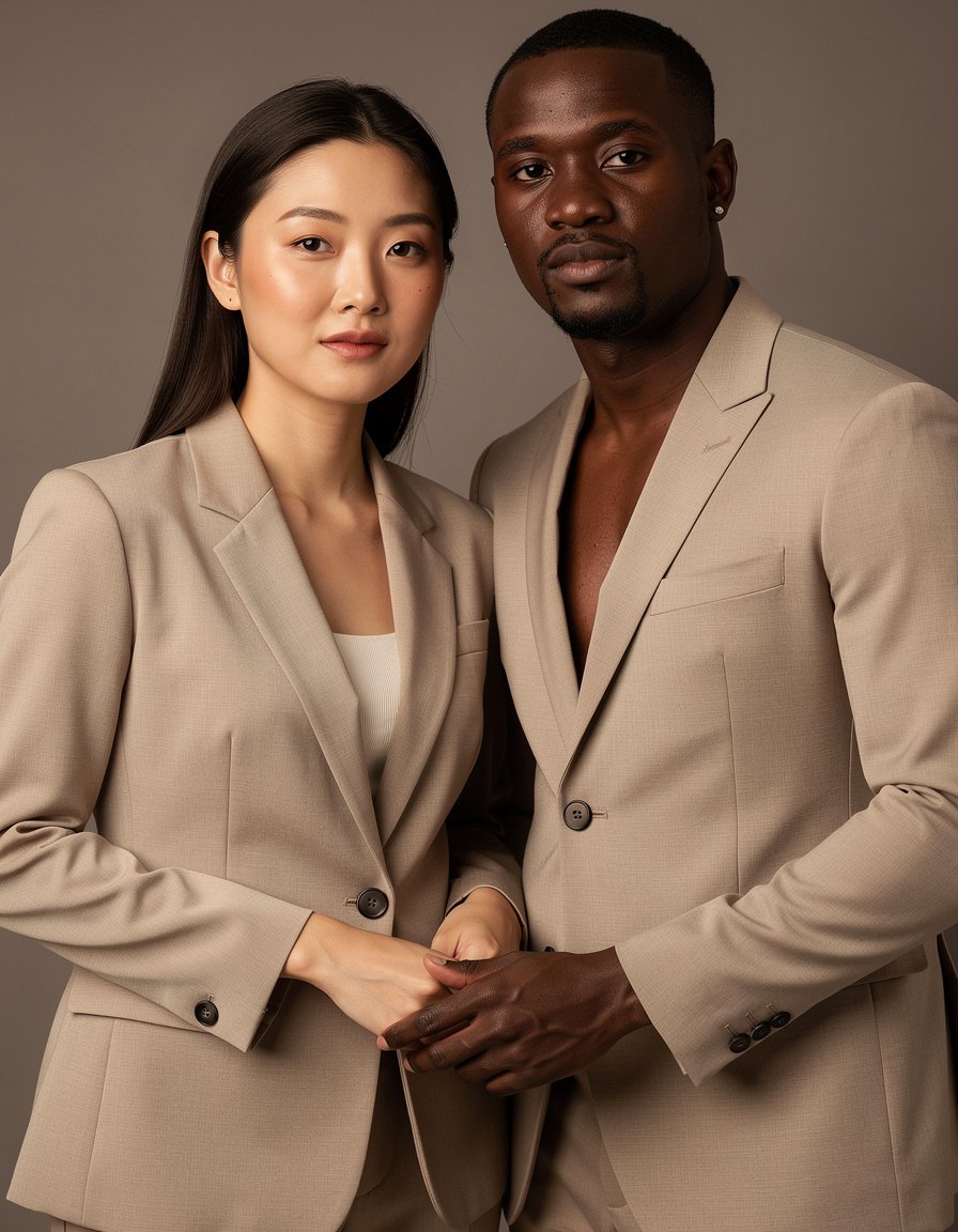 Waist-up studio fashion photograph of an adult East Asian woman and an adult Black man standing together against a warm gray seamless backdrop, minimalist tailored outfits, soft equal lighting on both faces, realistic skin texture and hands, no text, logos, or watermarks.