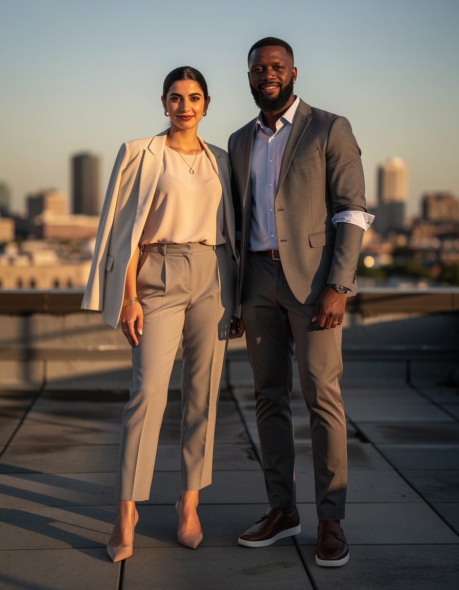 Full-length rooftop fashion photograph of an adult Middle Eastern woman and an adult Black man standing together at golden hour, contemporary smart-casual outfits, open skyline, balanced skin tones, respectful natural pose, realistic anatomy and hands, no text, logos, or watermarks.