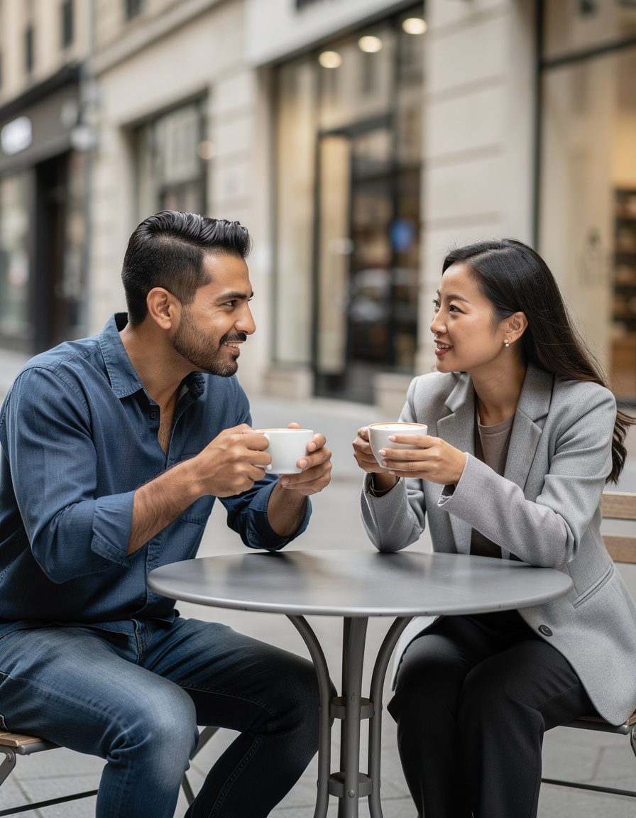 Candid lifestyle photograph of an adult Latino man and an adult East Asian woman sharing coffee at an outdoor city cafe, modern casual fashion, clear natural expressions, soft overcast light, realistic anatomy and hands, plain cups and storefronts, no text, logos, or watermarks.