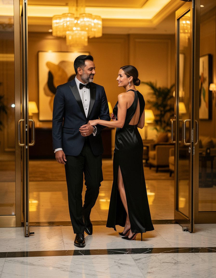 Full-length evening editorial photograph of an adult South Asian man and an adult White woman arriving together in elegant formalwear at a refined hotel lobby, cinematic warm lighting, natural interaction, realistic proportions and hands, no visible signs, text, logos, or watermarks.