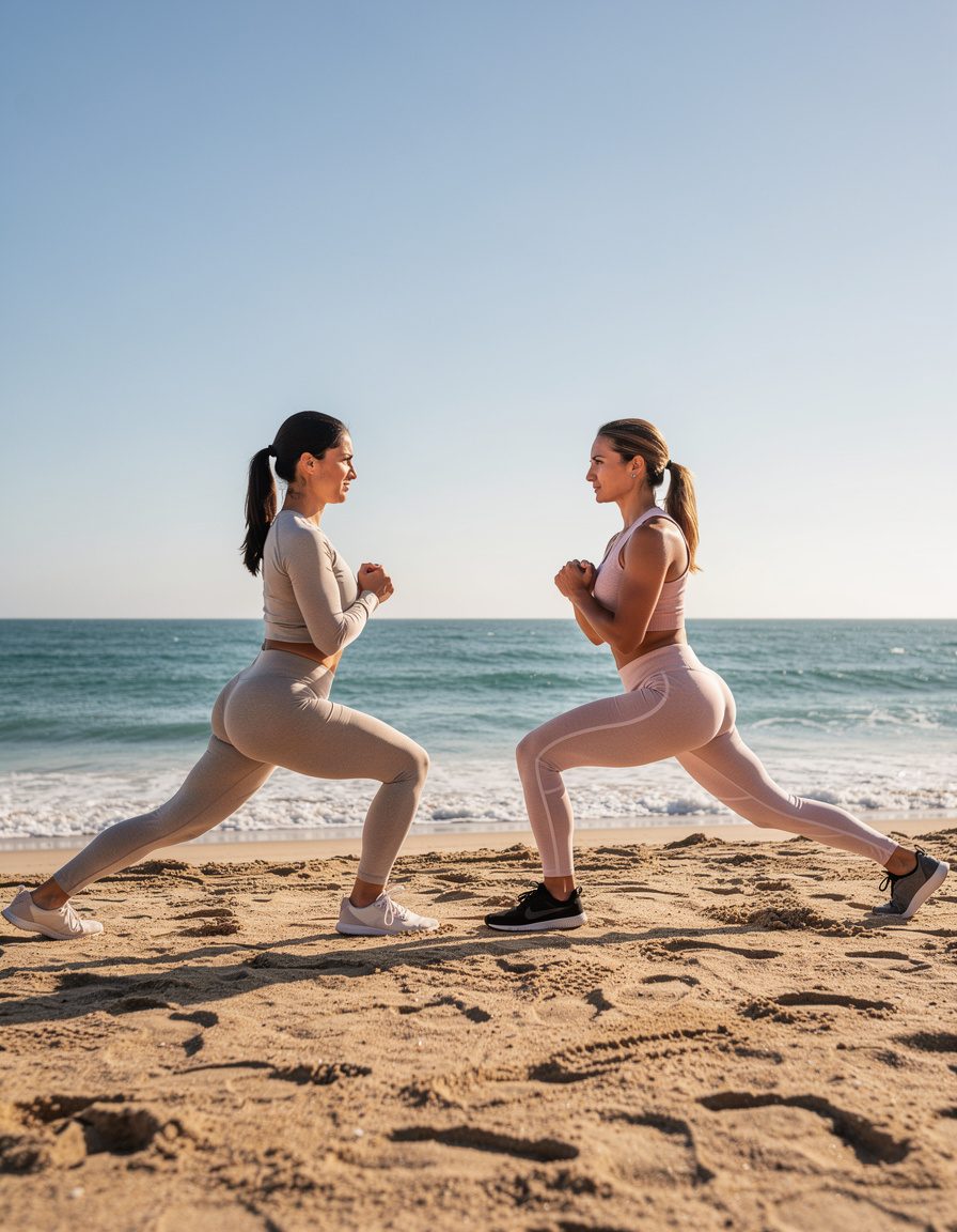 Wide editorial beach fitness photograph of two adult training partners doing synchronized standing lunges on dry sand, modest unbranded activewear, balanced spacing, correct limb positions, bright natural daylight, open sea behind them, no text, no logos, no watermark.