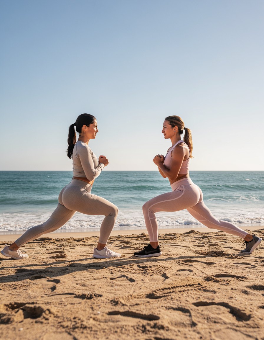 Wide editorial beach fitness photograph of two adult training partners doing synchronized standing lunges on dry sand, modest unbranded activewear, balanced spacing, correct limb positions, bright natural daylight, open sea behind them, no text, no logos, no watermark.