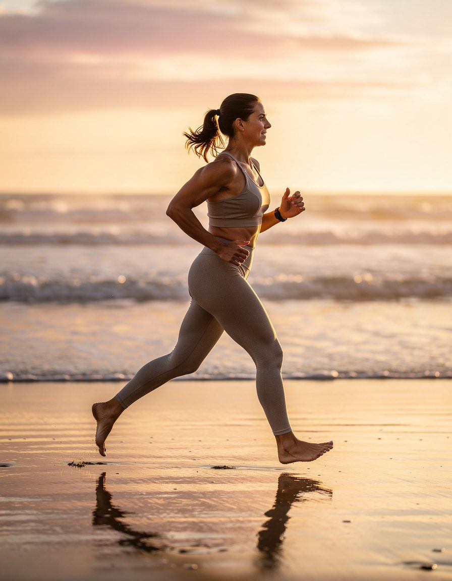 Editorial beach fitness photograph of one adult athlete jogging along firm wet sand at sunrise, full body in profile, modest unbranded activewear, natural stride, realistic hands and feet, soft ocean background, no text, no logos, no watermark.