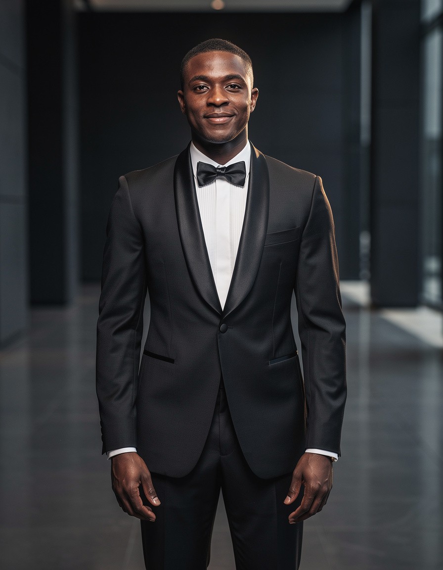 Formal evening fashion portrait of one adult Black male model in a well-fitted black tuxedo with satin lapels and a plain white dress shirt, standing inside a minimal dark architectural hall, elegant but relaxed expression, realistic skin, accurate bow tie and hands, soft cinematic rim light, no event branding, no logos, lettering, signs, or watermark