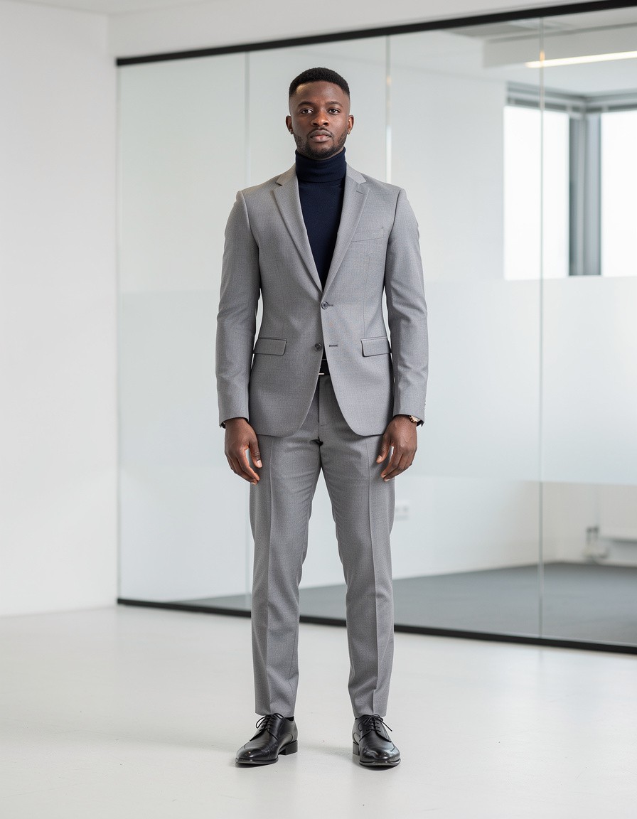 Clean commercial fashion photograph of one adult Black male model in a light-gray tailored suit and crisp dark turtleneck, standing in a bright minimalist office interior with plain glass walls, confident front-facing pose, full suit and shoes visible, realistic anatomy and skin texture, even daylight, no screens or paperwork, no logos, lettering, signs, or watermark