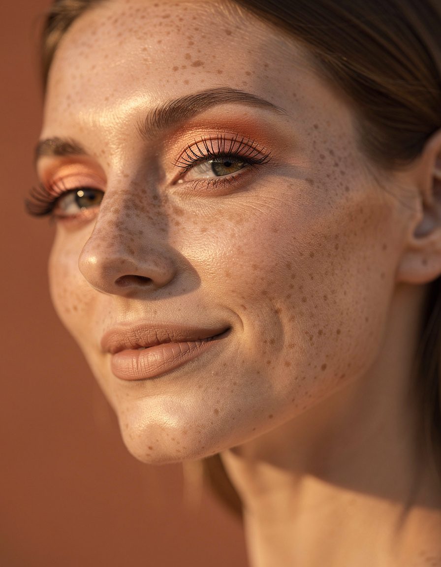 Photorealistic beauty portrait of one adult woman with fair freckled skin, lightweight complexion makeup, muted peach eyelids, and fine tapered lashes; shoulder-up crop in warm late-afternoon side light, plain terracotta background, realistic pores and facial proportions, no text, labels, logos, or watermark.