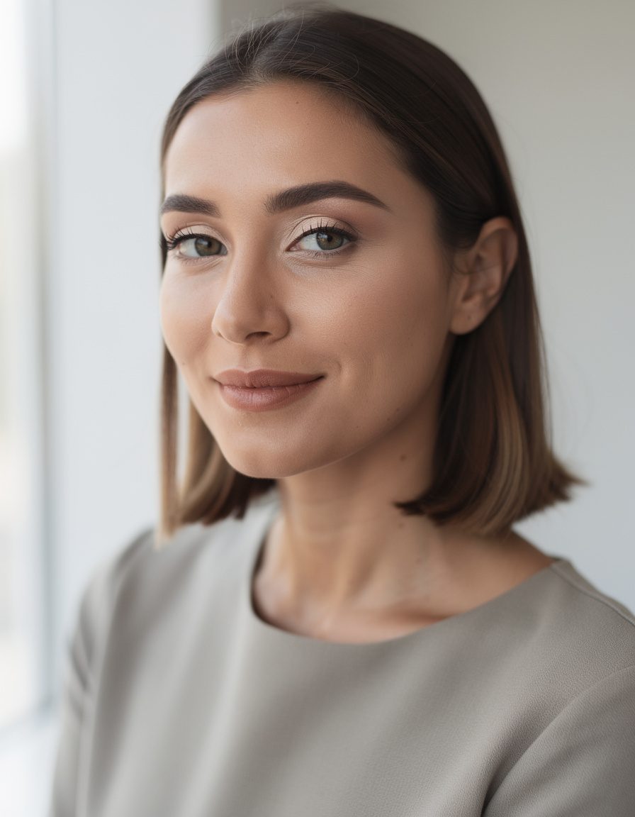 Photorealistic casual workday beauty portrait of one adult woman with light olive skin, natural matte makeup, pale beige eye shadow, tidy brows, and short defined lashes; shoulder-up composition in a bright minimal interior, soft indirect daylight, realistic eyes and hands outside frame, no products, text, labels, logos, or watermark.