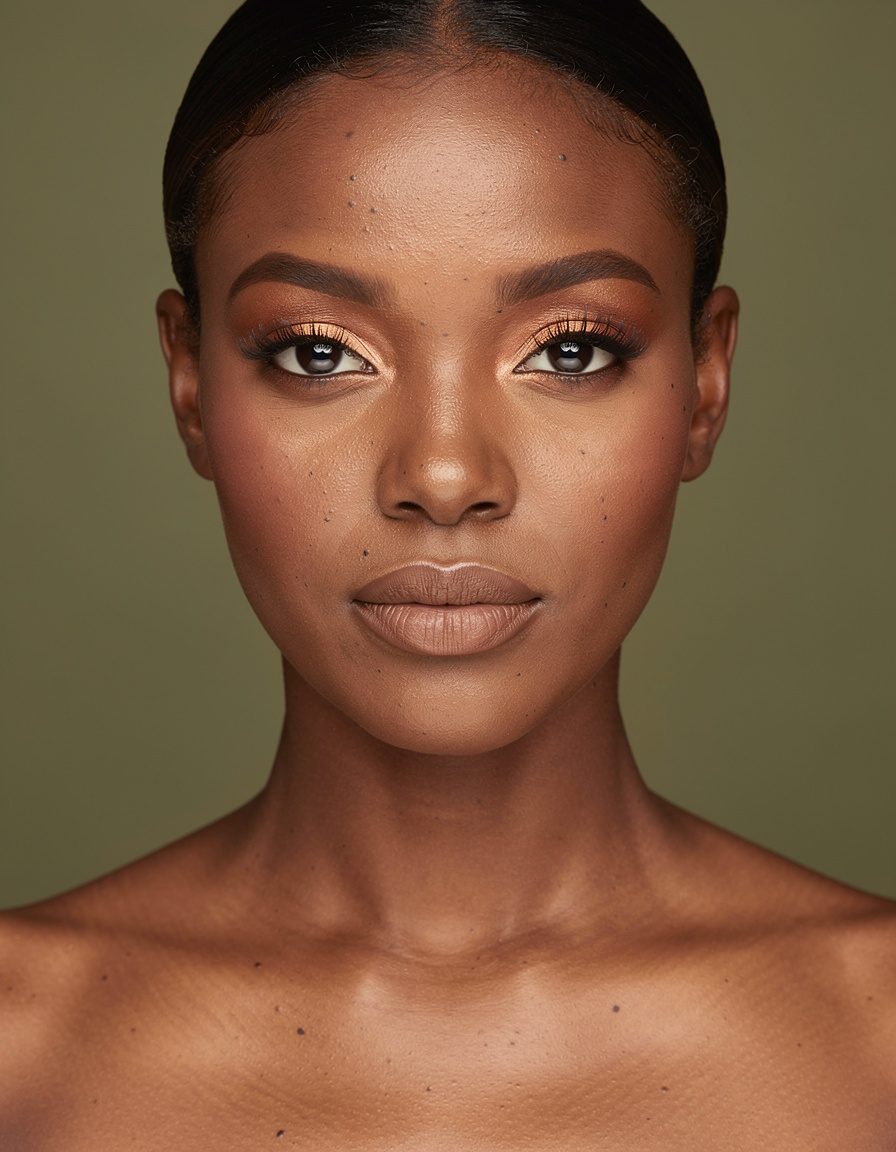 Photorealistic upper torso editorial portrait of one adult woman with deep brown skin and visibly natural makeup: sheer skin tint, subtle matte copper eye color, and short individually separated lashes with only a slight outward curl. Show her complete forehead, hairline, both shoulders, and space around her head. Calm direct gaze, matte olive studio background, balanced soft light, realistic facial anatomy. Avoid long false lashes, dramatic eyeliner, close facial crop, text, labels, logos, and watermark.