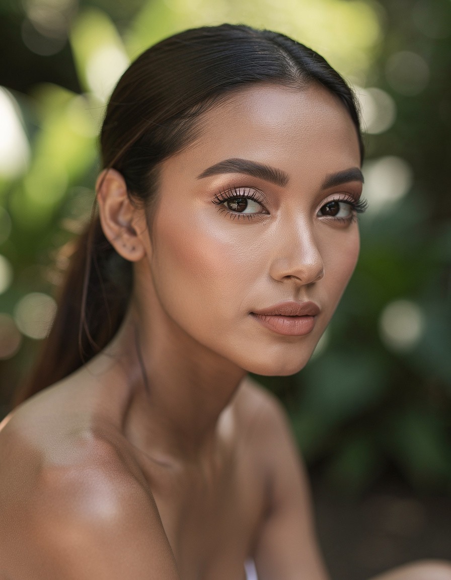 Photorealistic three-quarter portrait of one adult woman with warm medium-brown skin, translucent base makeup, brushed brows, soft rose cheeks, and gently curled natural lashes; shaded outdoor garden with soft green blur, eye line sharply focused, shoulders visible, anatomically correct features, no text, labels, logos, or watermark.