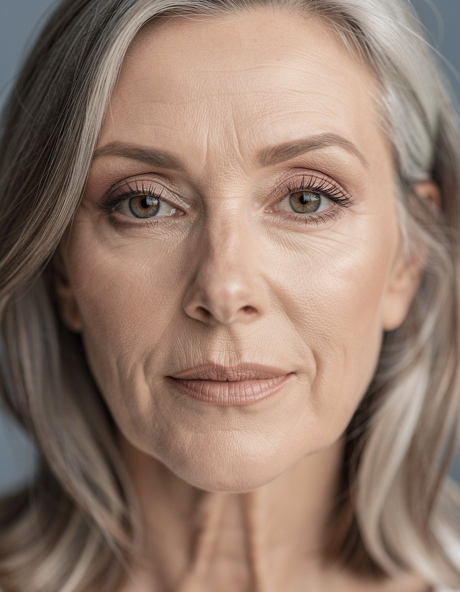 Photorealistic close beauty portrait of one mature adult woman with silver-streaked hair, natural skin texture, light taupe eye makeup, and delicate separated lashes; calm direct gaze near a north-facing window, muted blue-gray background, face fully inside frame, accurate eyes and hair, no text, labels, logos, or watermark.