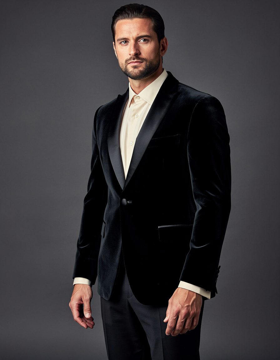 Three-quarter evening fashion editorial portrait of one adult male model in a plain black velvet dinner jacket with clean satin lapels, an ivory button-front shirt, and tailored black trousers. He stands against a soft charcoal studio backdrop with both arms relaxed straight at his sides. Show both complete bare hands with five natural separate fingers each, no held object, no cuff distortion. Use gentle frontal fill light for clear contrast between jacket, trousers, and background. Accurate jacket seams and realistic face, no insignia, jewelry, writing, logo, or extra objects.
