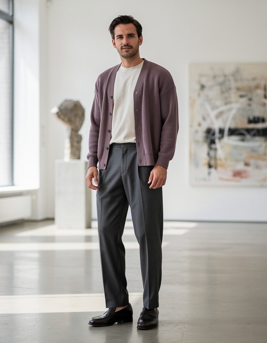 Full-body creative-office fashion photograph of an adult male model wearing a muted plum knit cardigan over an ivory crewneck shirt, relaxed charcoal wool trousers, and polished dark loafers in a bright modern art gallery, calm natural stance, realistic hands and garment detail, balanced daylight, no artwork lettering, no logos, no text