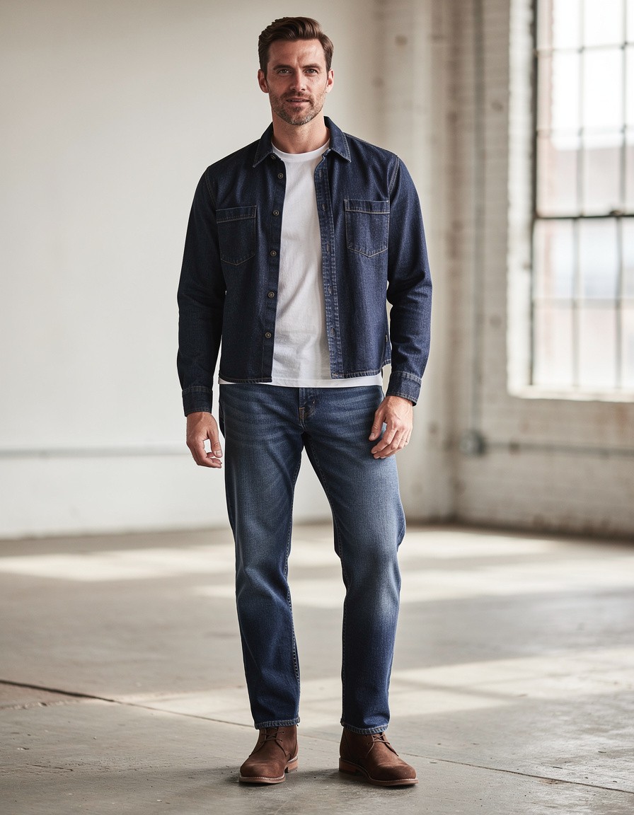Full-body premium denim editorial photograph of one adult male model standing squarely in a bright industrial loft. He wears a plain dark indigo denim overshirt with clean unmarked sleeves, a white crewneck T-shirt, straight indigo jeans, and simple brown leather boots. Show both complete hands relaxed beside his hips, all fingers distinct and natural. Keep the entire outfit and both shoes within the frame. Accurate seams and fabric texture, soft window light, clean background, no badges, logos, lettering, signs, or extra objects.