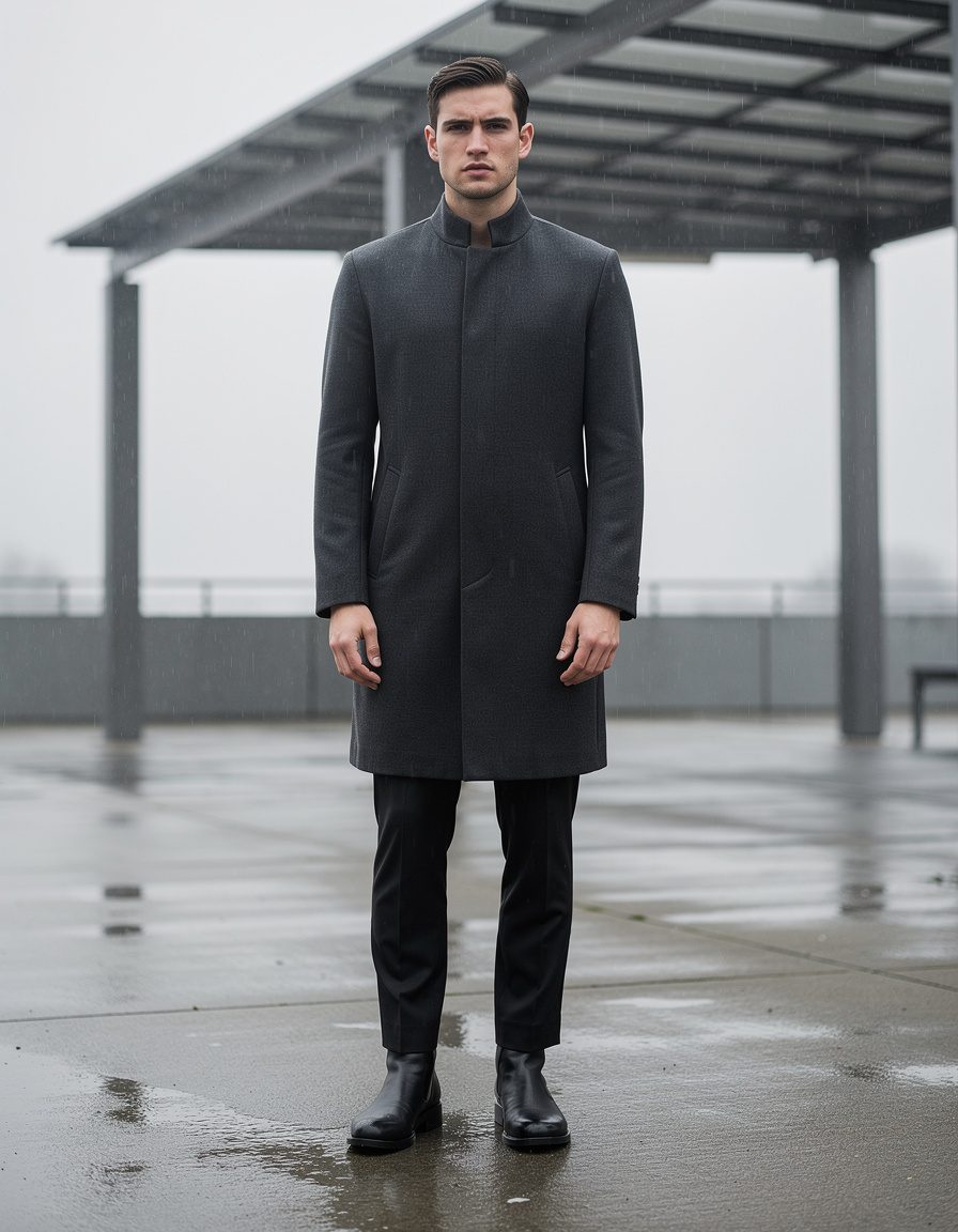 Full-body contemporary rainy-day fashion photograph of one adult male model in a simple unbranded dark slate single-breasted overcoat with two plain front pockets and smooth solid-color sleeves. He wears black tapered trousers and plain black ankle boots on a wet concrete walkway under a modern shelter. Stand naturally with both hands visible away from the coat, accurate fingers, both shoes fully in frame, balanced overcast light, clear coat silhouette. The coat has no sleeve pocket, patch, badge, tab, emblem, decorative trim, lettering, or logo. No signs or extra people.