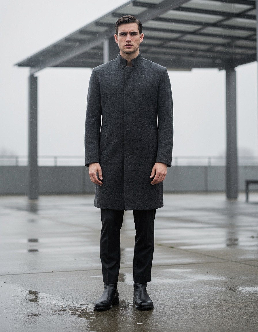 Full-body contemporary rainy-day fashion photograph of one adult male model in a simple unbranded dark slate single-breasted overcoat with two plain front pockets and smooth solid-color sleeves. He wears black tapered trousers and plain black ankle boots on a wet concrete walkway under a modern shelter. Stand naturally with both hands visible away from the coat, accurate fingers, both shoes fully in frame, balanced overcast light, clear coat silhouette. The coat has no sleeve pocket, patch, badge, tab, emblem, decorative trim, lettering, or logo. No signs or extra people.
