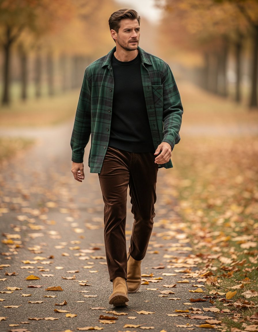 Full-body autumn fashion photograph of an adult male model wearing a forest-green plaid overshirt over a black fine-knit top, dark brown corduroy trousers, and plain suede boots on a quiet tree-lined path, natural walking pose, realistic anatomy and hands, warm overcast light, clear layered garments, no signs, no logos, no text
