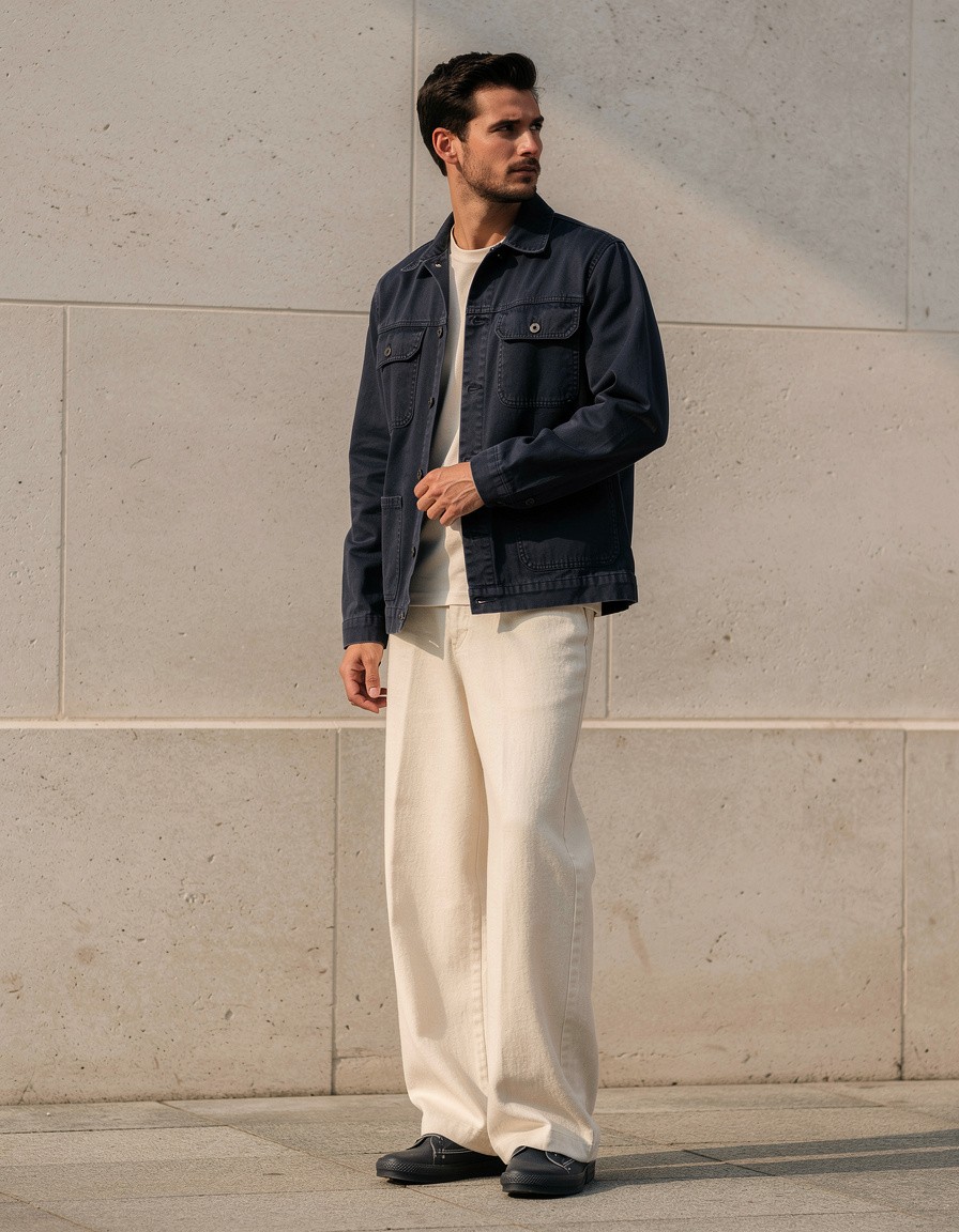 Photorealistic full-body street style fashion editorial of one adult man standing beside a smooth unmarked stone wall. He wears a navy cotton chore jacket, an ivory crew-neck shirt, ecru wide-leg trousers, and plain dark canvas shoes. Capture a relaxed side-facing pose with one hand lightly touching the jacket hem, natural proportions, soft afternoon light, and clear garment texture. Keep the whole person and shoes visible. No signs, letters, numbers, labels, logos, or watermarks.