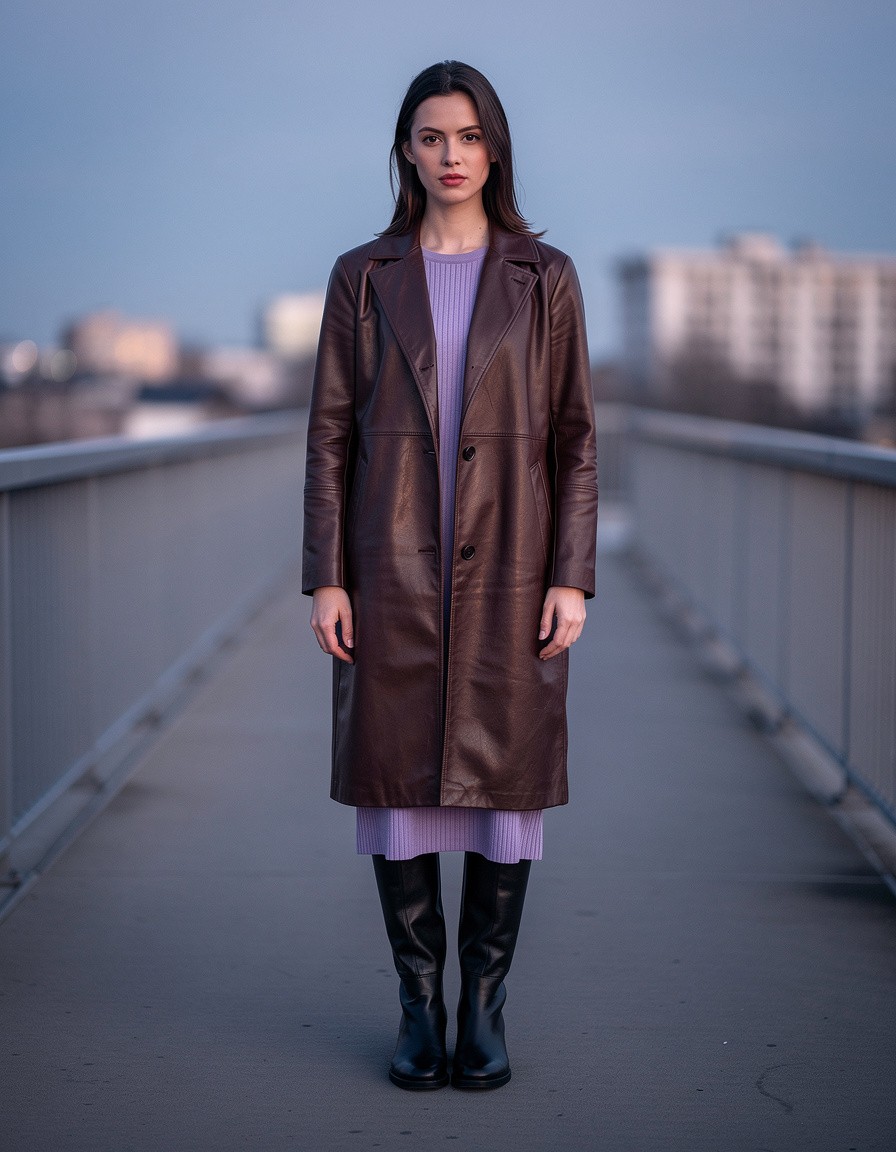 Photorealistic full-body street style fashion editorial of one adult woman on a simple pedestrian bridge at dusk. She wears a plain chocolate-brown leather coat over a lavender ribbed midi dress and unbranded knee-high black boots. Capture a calm forward-facing stance, hands relaxed at her sides, balanced blue-hour light, and a soft neutral city background. Show the complete coat, dress, legs, and boots with clear space around them. No signs, letters, numbers, labels, logos, or watermarks.