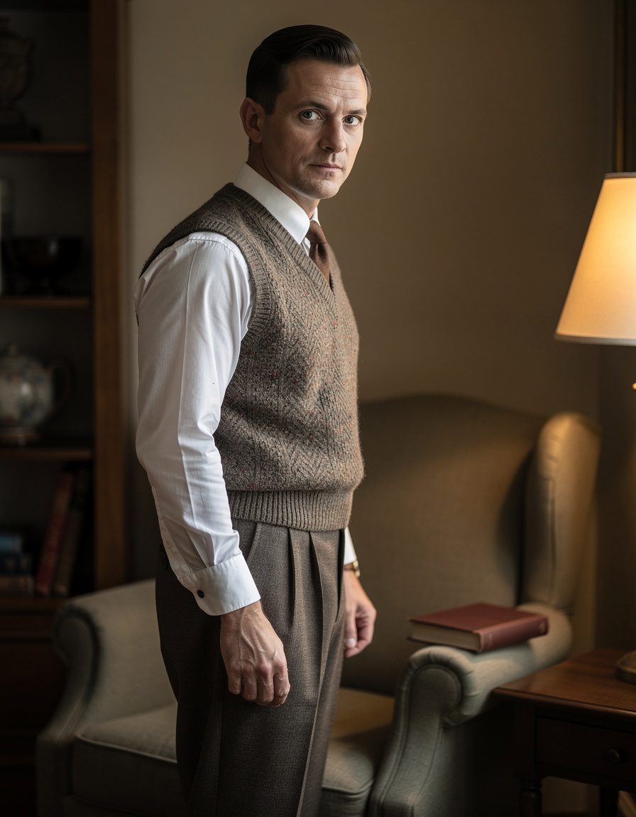 Three-quarter editorial portrait of one adult man in a 1930s-inspired knit vest and tailored trousers in a quiet home reading nook. An unmarked closed book and plain upholstered chair, warm side light, realistic anatomy and period styling. No readable text, letters, numbers, brands, logos, or watermarks.