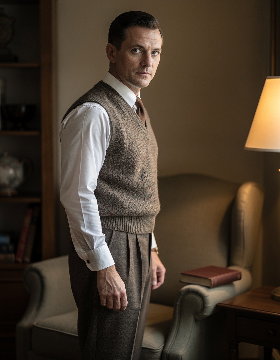 Three-quarter editorial portrait of one adult man in a 1930s-inspired knit vest and tailored trousers in a quiet home reading nook. An unmarked closed book and plain upholstered chair, warm side light, realistic anatomy and period styling. No readable text, letters, numbers, brands, logos, or watermarks.