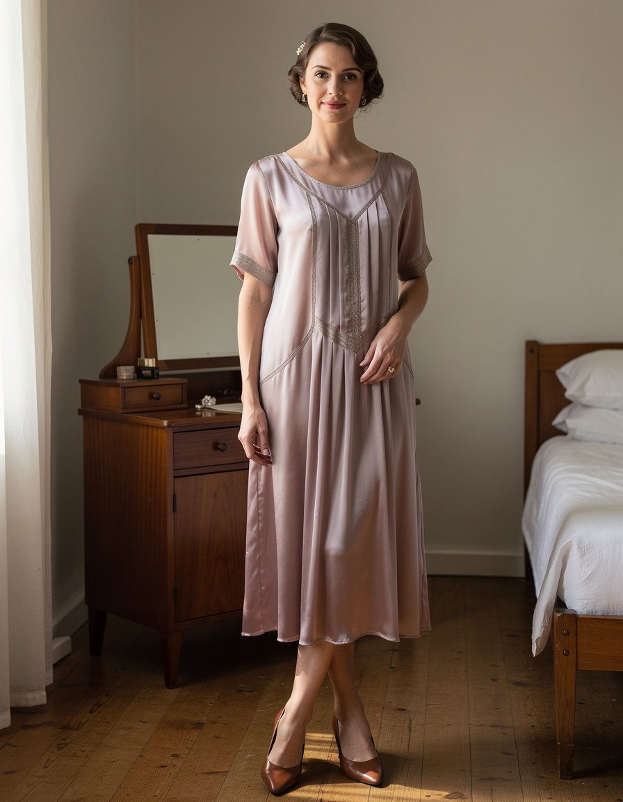 A complete head-to-toe editorial portrait of one adult woman in a 1920s-inspired silk day dress and simple shoes, standing in open floor space beside a small walnut vanity in a modest apartment bedroom. Keep her entire body, both shoes, and the vanity visible with clear space around the frame. Soft window light, balanced vertical composition, realistic face, hands, legs, and fabric. No object blocks her body. No readable text, letters, numbers, brands, logos, cigarettes, or watermarks.