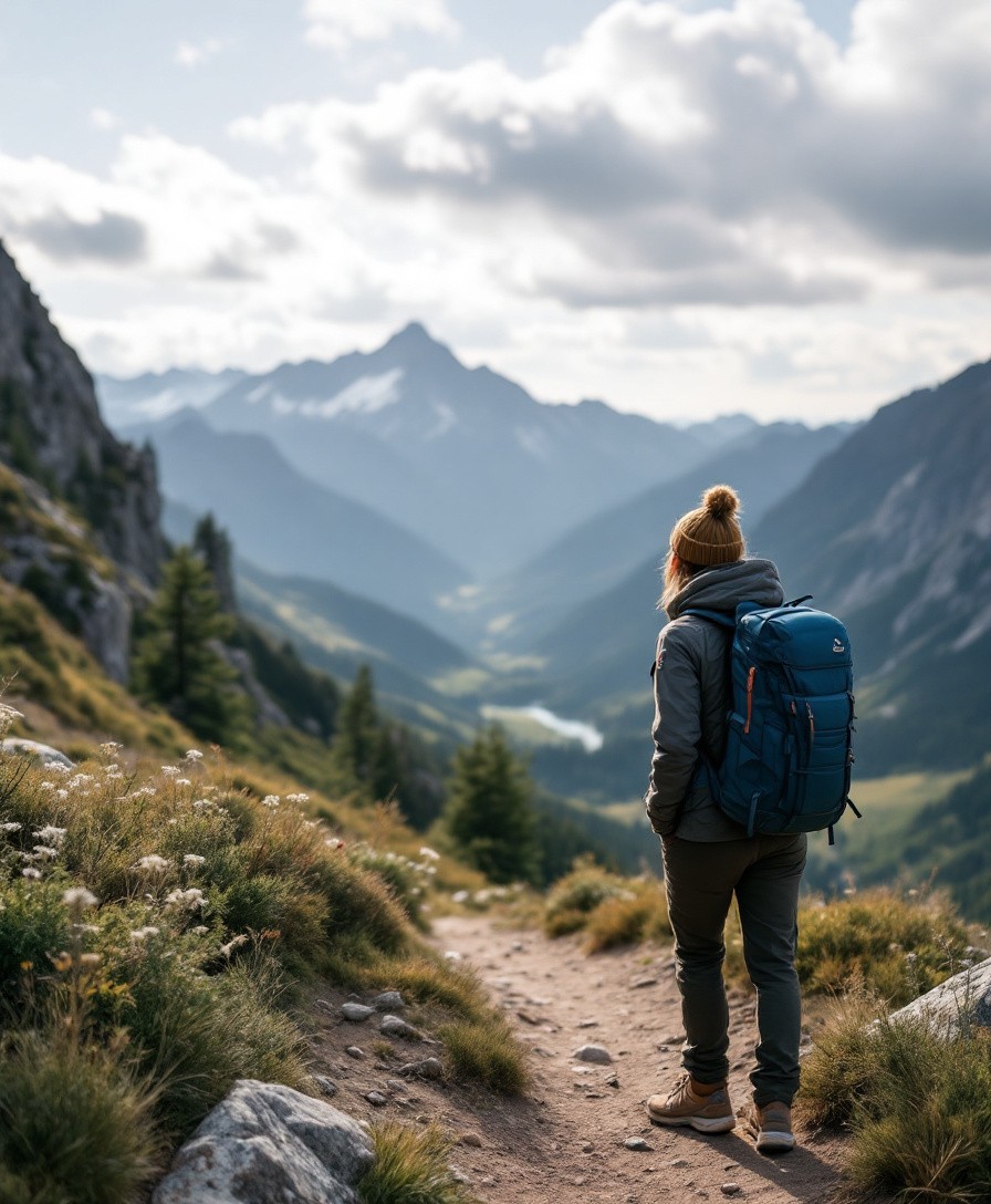 model on a hiking trail, overlooking a breathtaking mountain landscape
