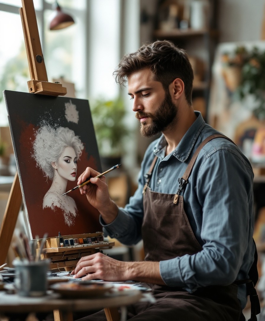 a model as artistic painter in art studio with wooden easel and paint