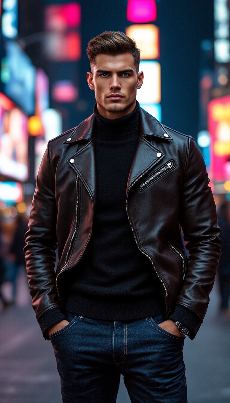 A sharp and trendy model in New York, wearing a sleek leather jacket and slim-fit jeans, Times Square billboards illuminating the background with neon lights.