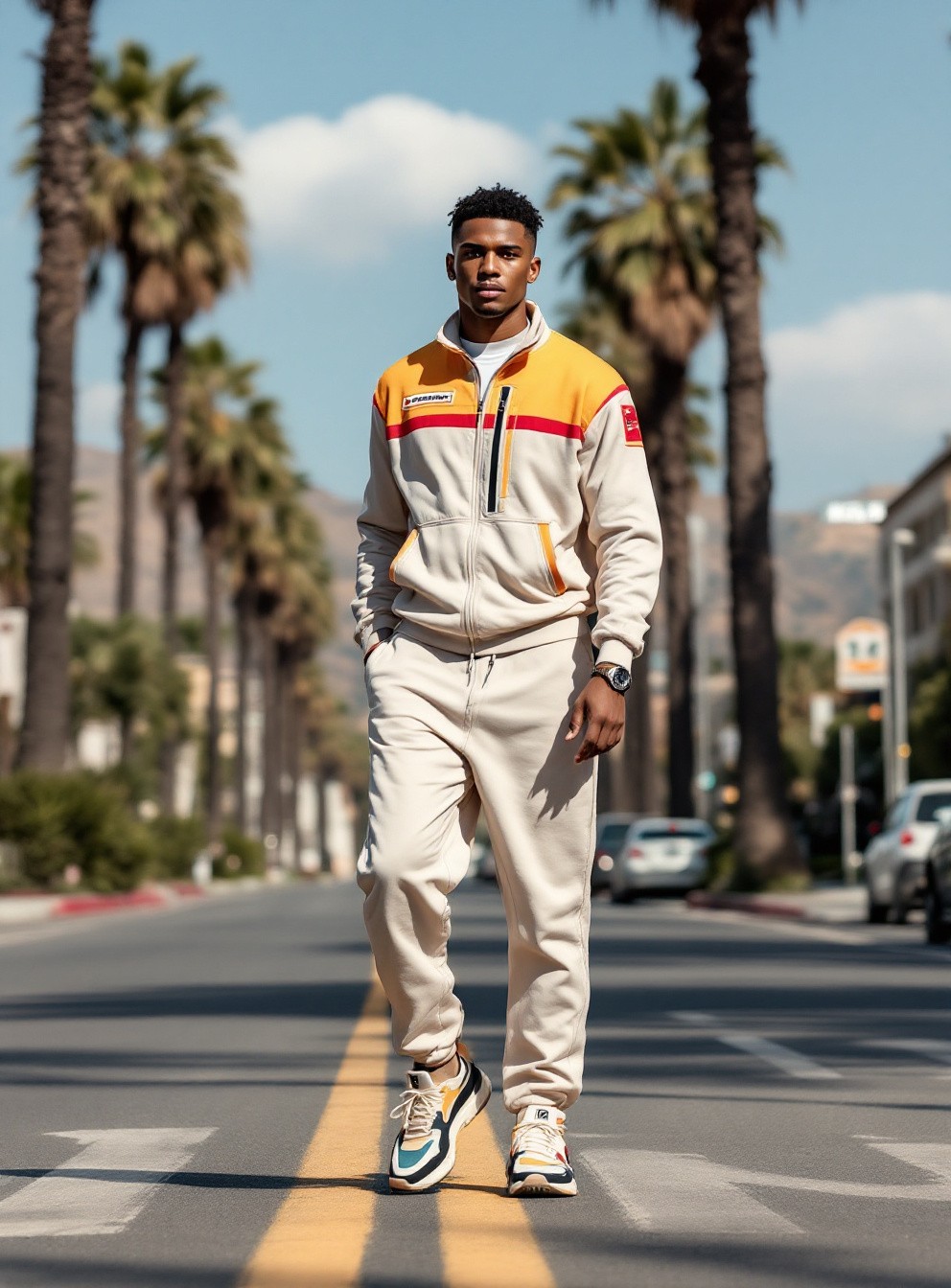 A sporty model in Los Angeles, wearing a designer tracksuit and stylish sneakers, palm trees lining the streets with the Hollywood sign in the distance.