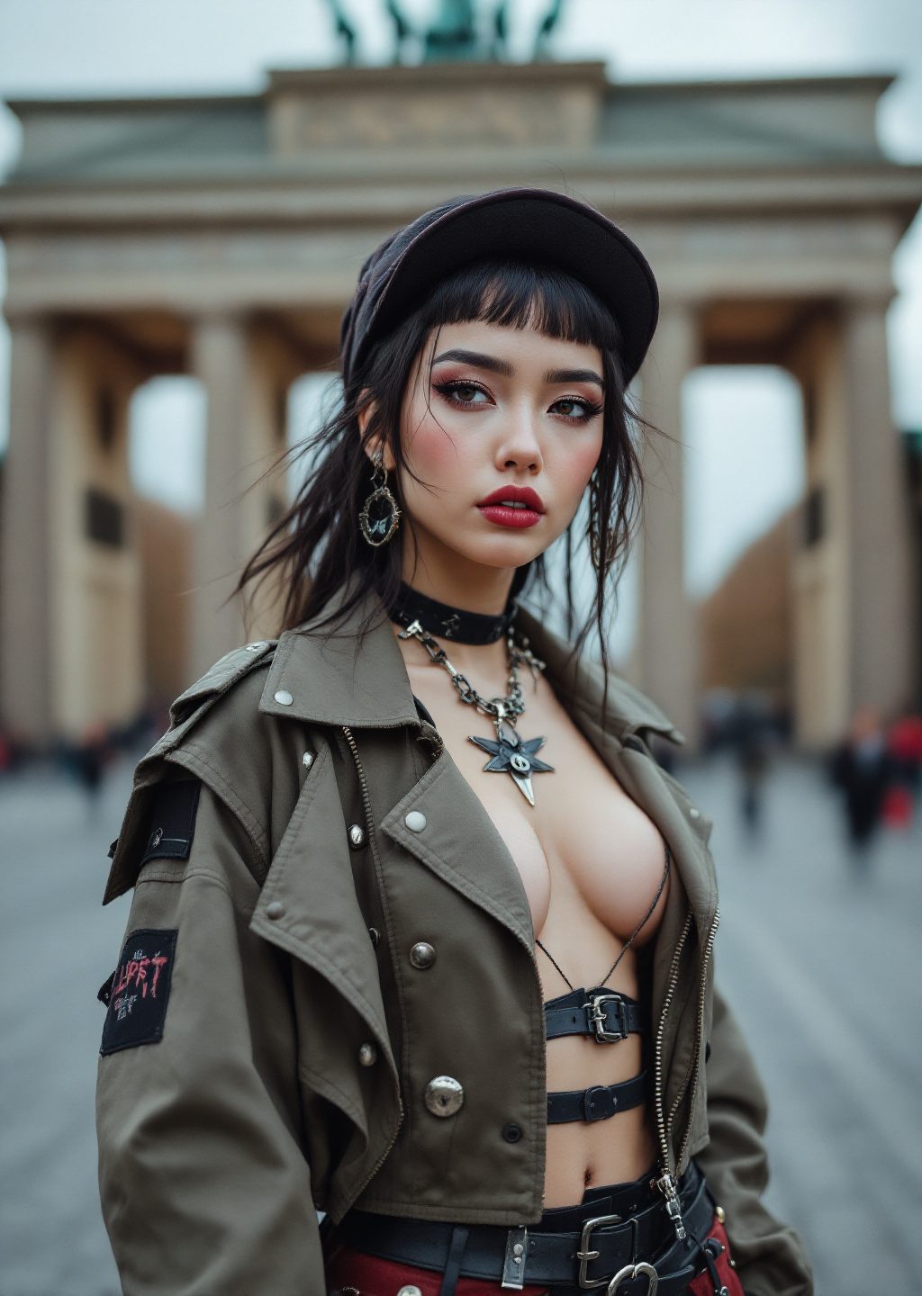 stylish and asian chic model in Berlin wearing a punk-inspired outfit, Brandenburg Gate in the background