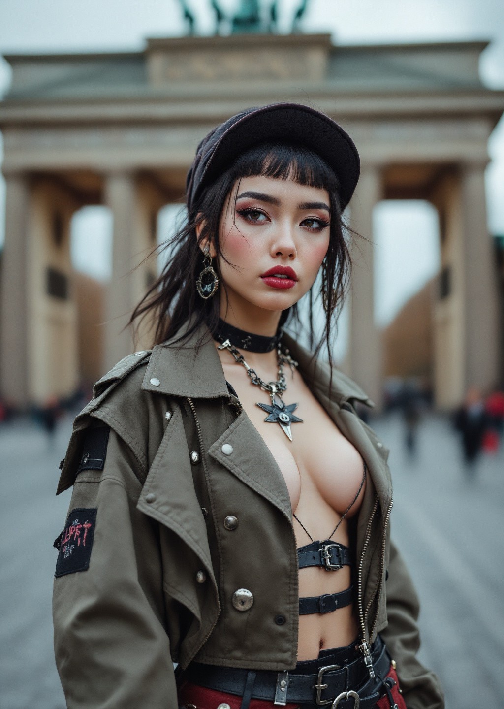 stylish and asian chic model in Berlin wearing a punk-inspired outfit, Brandenburg Gate in the background