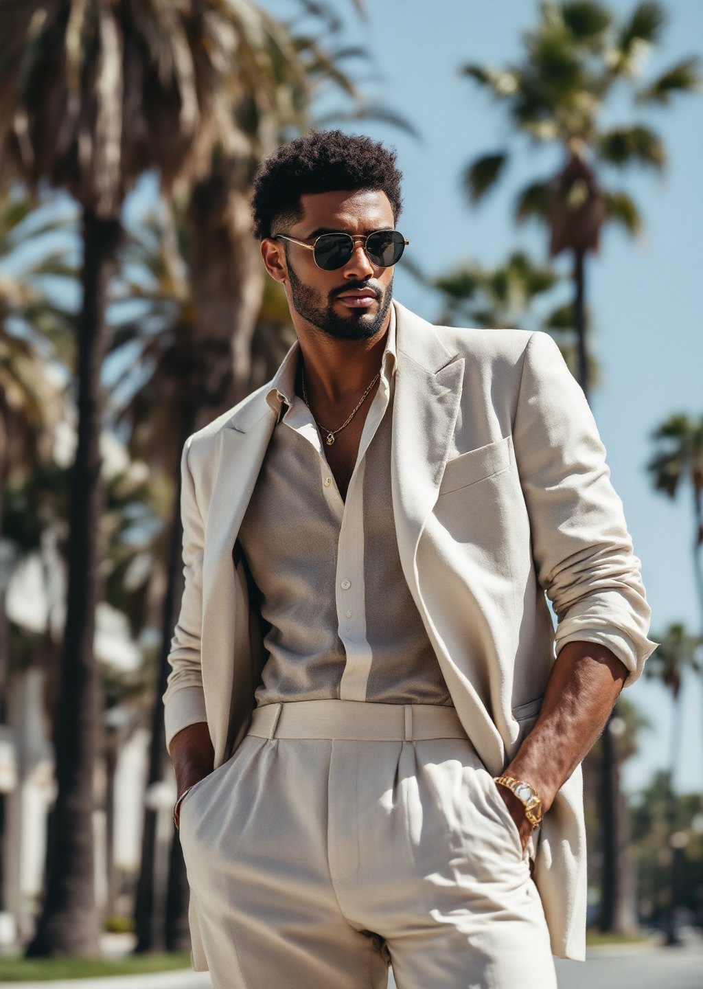 sharp and trendy model in Los Angeles wearing a summer dress/linen suit, palm trees in the background