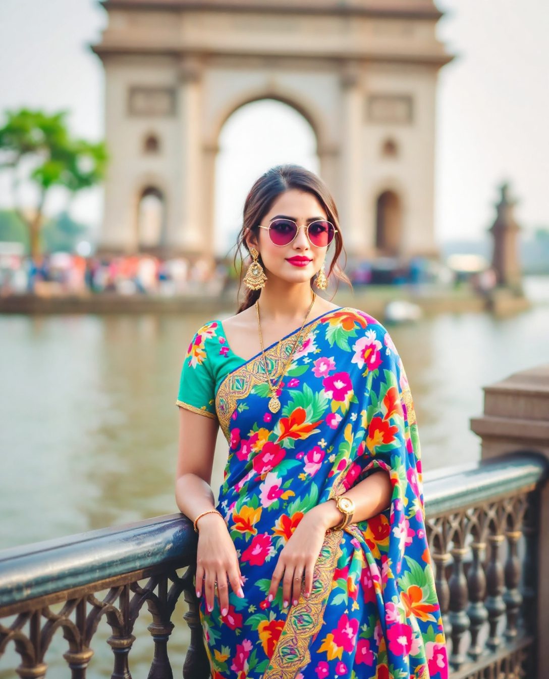 sharp and trendy model in Mumbai wearing a vibrant saree/kurta, Gateway of India in the background