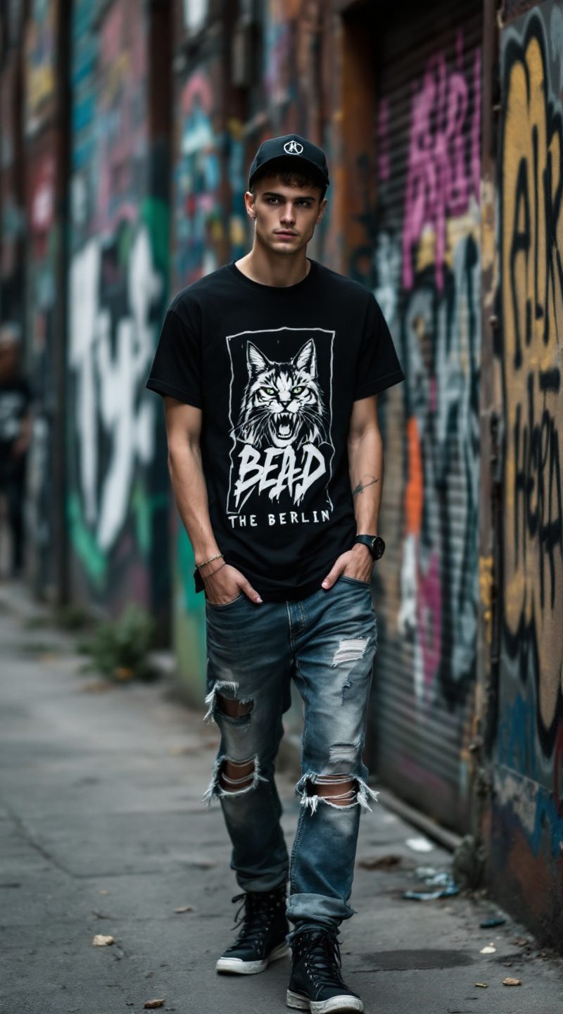 An edgy model in Berlin, wearing distressed jeans and a graphic t-shirt, standing next to graffiti-covered walls with street art all around.