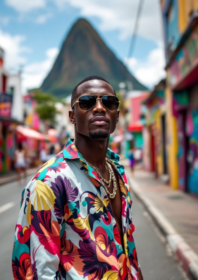 A bold and trendy model in Rio de Janeiro, wearing a colorful patterned shirt and sunglasses, standing on a vibrant street with Sugarloaf Mountain in the distance and lively street art nearby.
