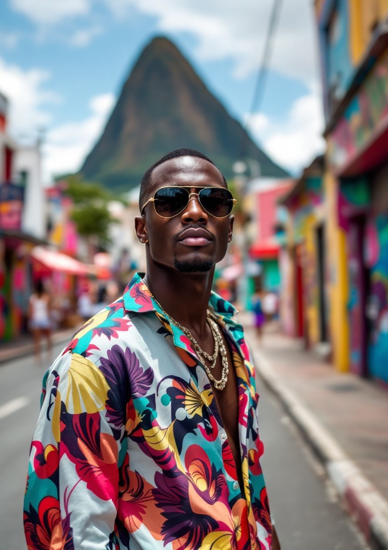 A bold and trendy model in Rio de Janeiro, wearing a colorful patterned shirt and sunglasses, standing on a vibrant street with Sugarloaf Mountain in the distance and lively street art nearby.