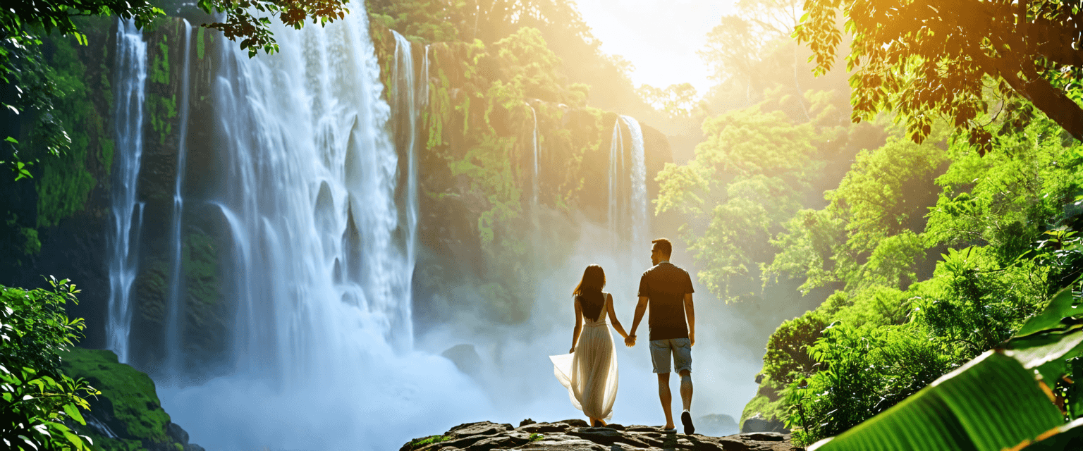 An interracial couple holding hands by a majestic waterfall in a lush forest, dreamy and romantic atmosphere