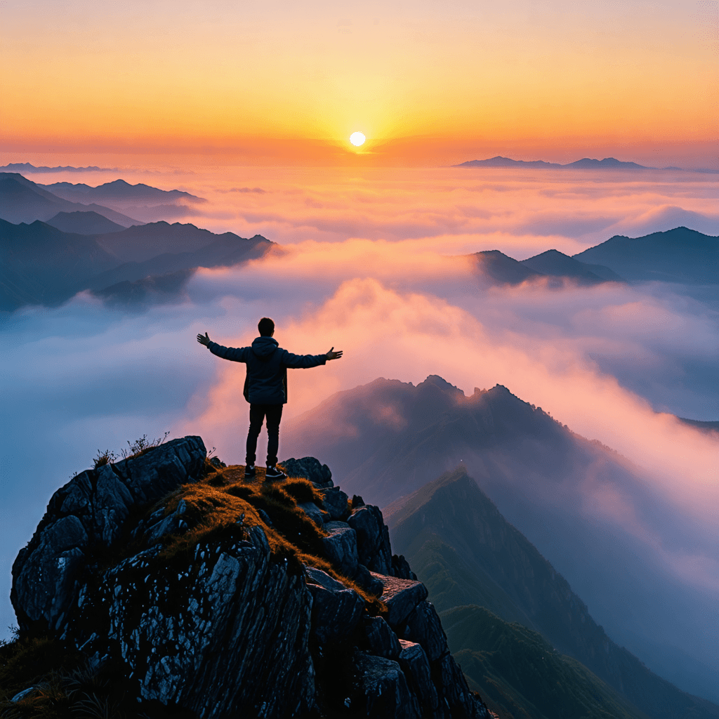 A man with East Asian features standing on a misty mountain peak at dawn, arms outstretched, ethereal landscape