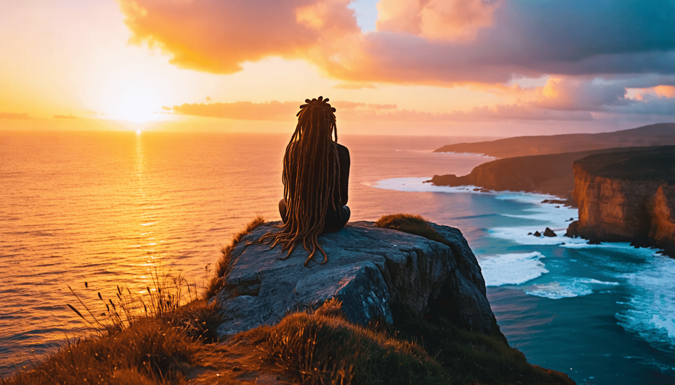 A person with long dreadlocks sitting on a cliff edge, overlooking a dreamy coastal landscape at sunrise