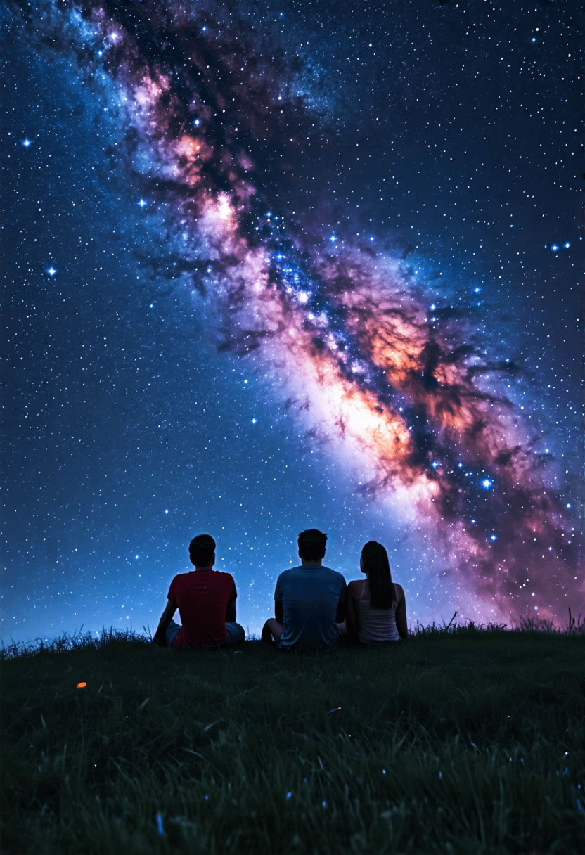 A diverse couple lying on a grassy hill, stargazing at a breathtaking Milky Way, dreamy night sky